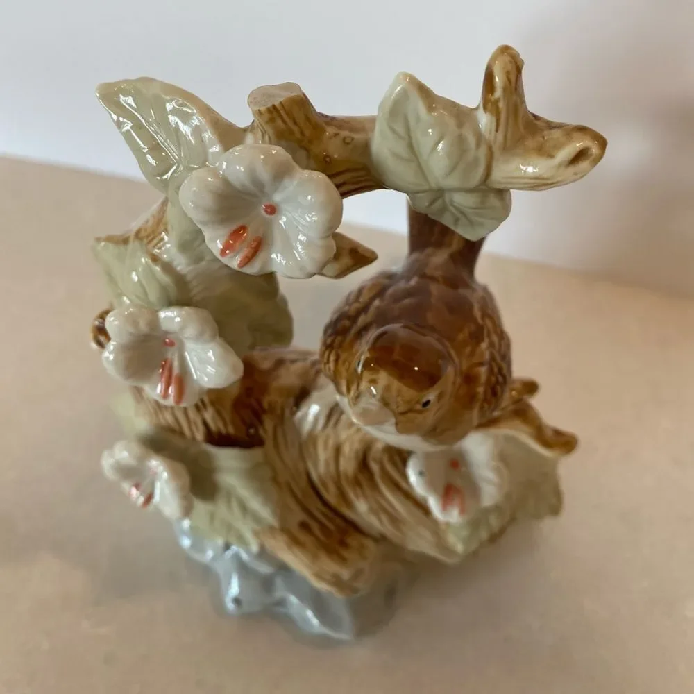 Collectible high gloss ceramic porcelain bird on perch surrounded by Holly Hocks - Picture 3 of 15